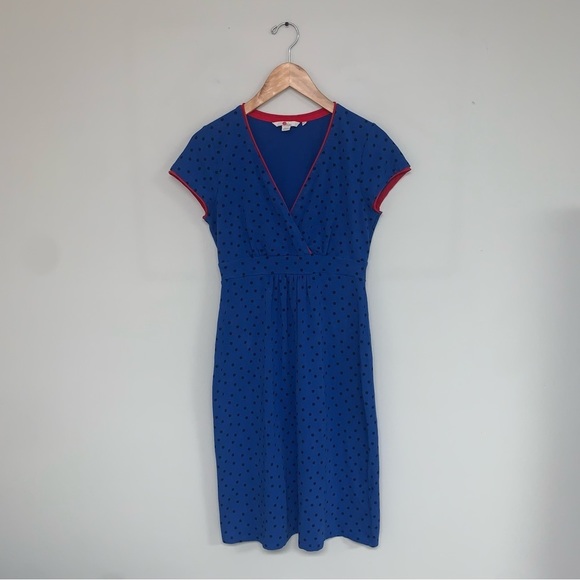 Boden Dress Women's Size 6 US Blue Polka Dot Red Trim Cotton "Aline" Faux Wrap - Picture 2 of 7